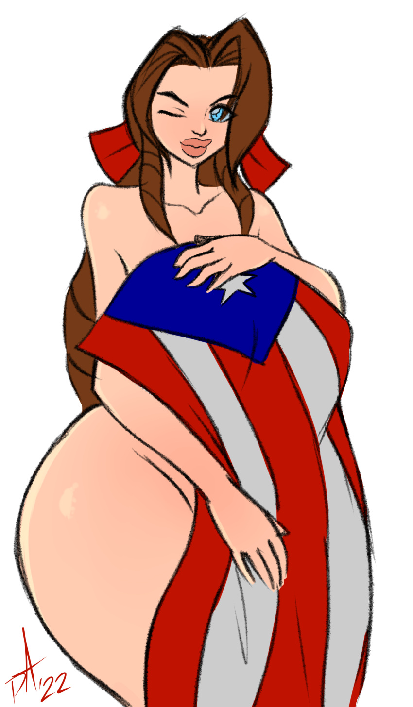 aerith_gainsborough ass big_ass blue_eyes blush brown_hair covering covering_self final_fantasy final_fantasy_vii flag nude pranky puerto_rican_flag ribbon smile wide_hips wink