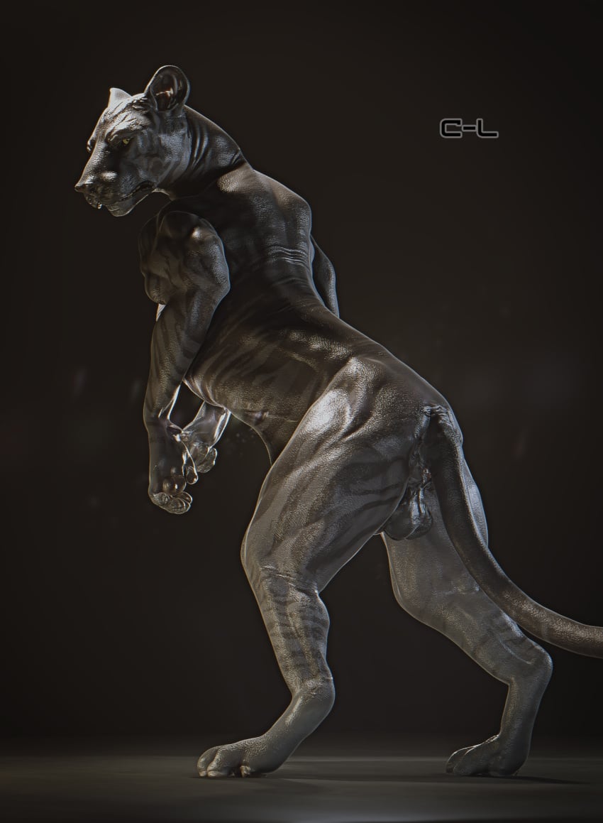 3d_(artwork) animal_genitalia anthro anus ass balls black_body blender_(software) cosmiclife digital_media_(artwork) fangs felid feral genitals hairless hi_res humanoid khan_(cosmiclife) long_tail looking_at_viewer male mammal muscular nude pantherine pinup pose quadruped rear_view semi-anthro sheath simple_background solo standing suggestive testicles tiger