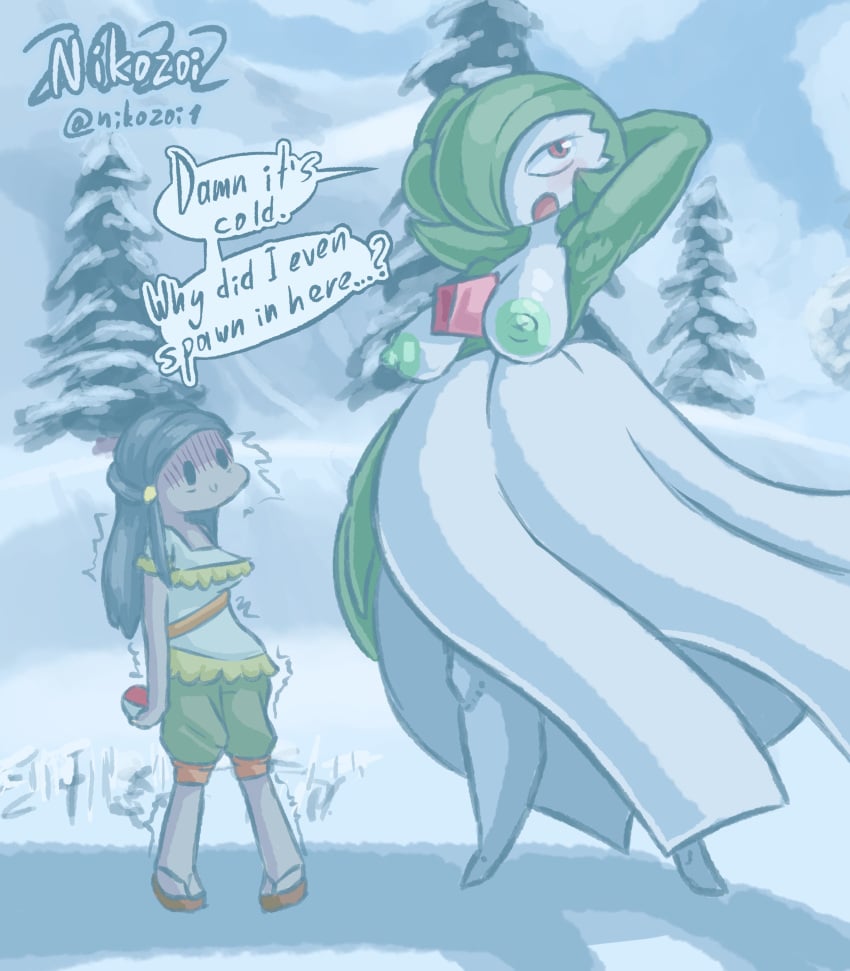 2girls alpha_pokémon anthro areola areolae armpits arms_behind_head big_breasts bigger_female black_hair blush christmas_tree chubby chubby_female clouds cold comic comic_page dot_eyes fear fourth_wall from_side gardevoir generation_3_pokemon green_areola green_hair looking_away mountain multiple_girls nikozoi pokémon_(species) pokeball pokemon pokemon_(species) pokemon_legends:_arceus puffy_pussy pussy red_eyes shadow shaking sky snow standing stare staring surprised surprised_expression text text_bubble tundra white_body wind wind_lift