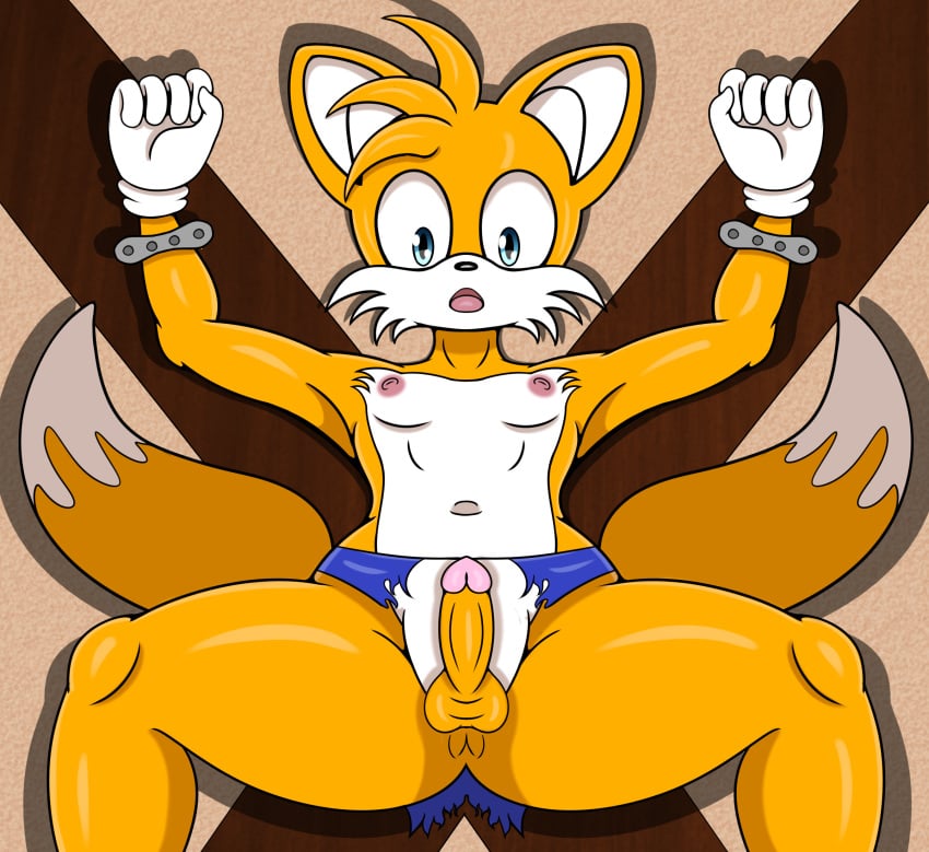 2_tails anthro anus balls blue_eyes bondage bottomwear bound canid canine clothing erection femboy fox fur genitals girly glans gloves handwear hi_res humanoid_genitalia humanoid_penis looking_down male mammal mostly_nude multi_tail navel nipples orange_balls orange_body orange_fur orange_penis penis pink_glans restraints saint_andrew's_cross sega shinymagpie solo sonic_(series) sonic_the_hedgehog_(series) speedo spread_legs spreading swimwear tails thick_thighs torn_bottomwear torn_clothing white_body white_clothing white_fur white_gloves white_handwear y_anus