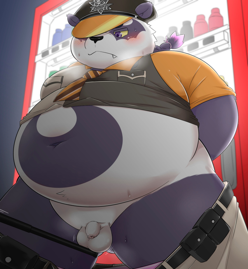 2021 alp_(tokyo_afterschool_summoners) anthro bake_gosut balls belly blush bodily_fluids bottomwear clothing cute_fangs edit flaccid genitals giant_panda hat headgear headwear hi_res kemono lifewonders male male_only mammal navel necktie overweight overweight_male pants penis police police_badge police_baton police_hat purple_body shirt small_penis solo_focus sweat tokyo_afterschool_summoners topwear uncensored ursid vending_machine video_games white_body