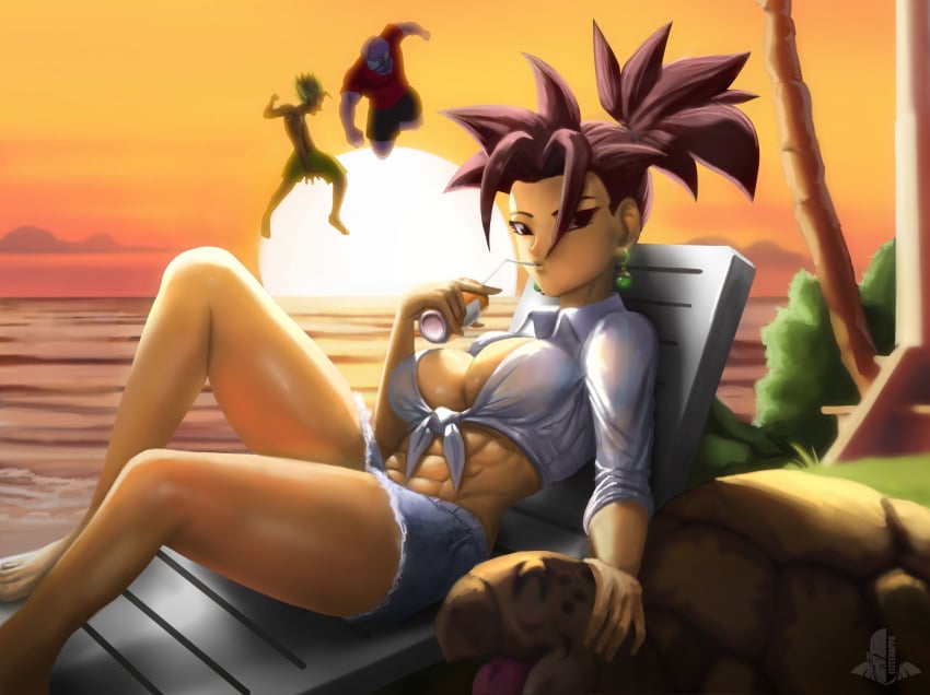 1girls 2boys abs big_breasts black_eyes black_hair cabba cleavage dragon_ball dragon_ball_super drinking_straw elitenappa female female_saiyan hit_(dragon_ball) kefla male male_saiyan muscular muscular_female potara_earrings saiyan school_uniform straw universe_6/universe_7 universe_6_girls