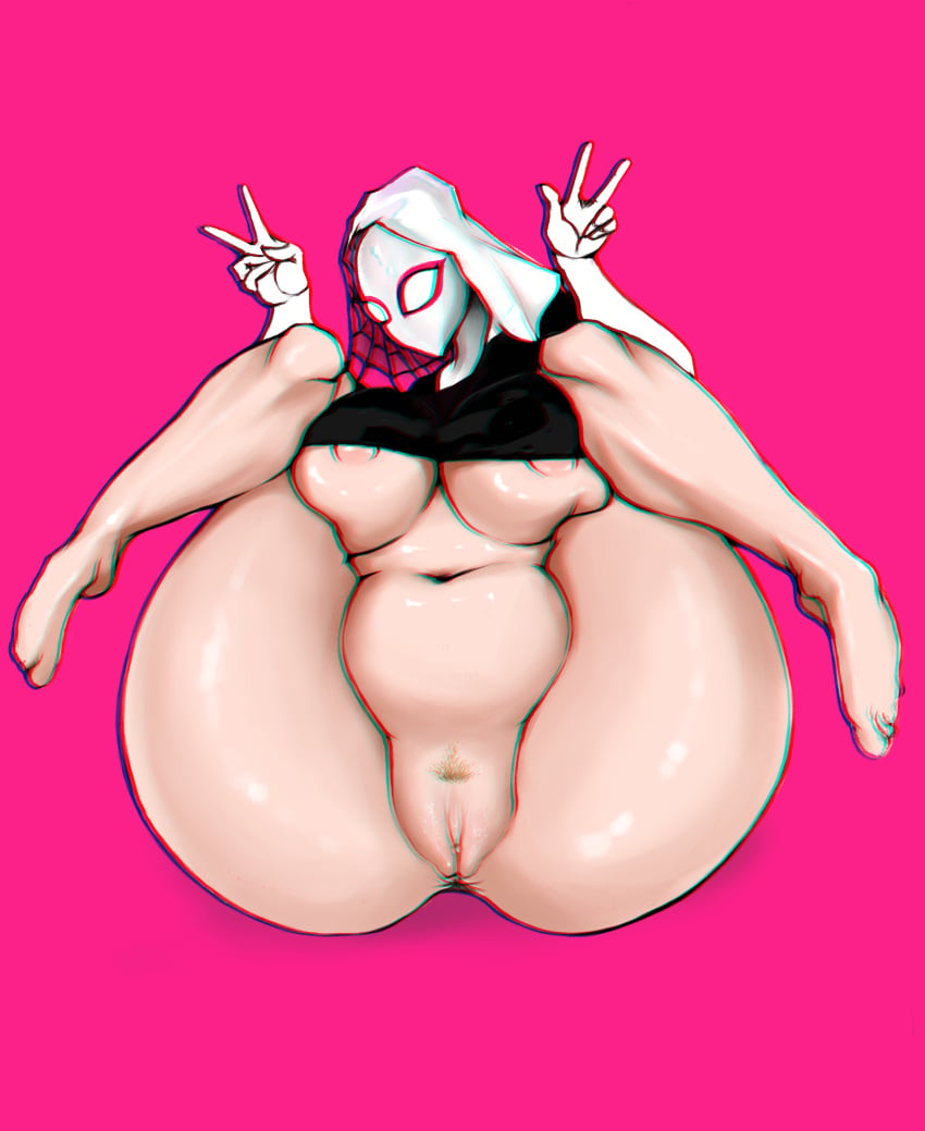 1girls chromatic_aberration chubby erinhere3 fat female female_only folded gwen_stacy marvel marvel_comics mask peace_sign presenting_pussy solo spider-man:_into_the_spider-verse spider-man_(series)