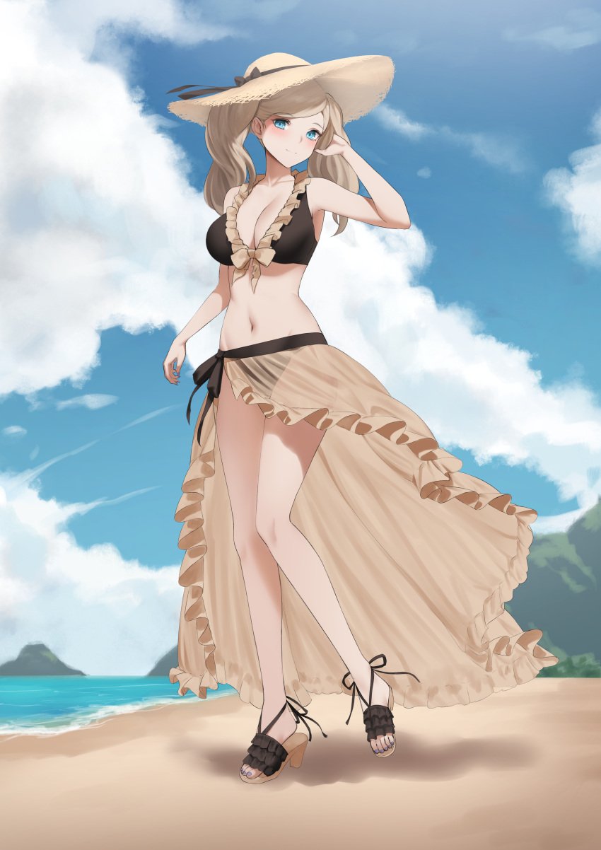 1girls absurdres alternate_costume ann_takamaki bare_legs beach bikini black_bikini black_swimsuit blonde_hair blue_eyes breasts cleavage cosplay crossover dhokidoki female female_only fire_emblem fire_emblem:_three_houses fire_emblem_heroes full_body hat highres large_breasts light-skinned light-skinned_female looking_at_viewer mercedes_von_martritz_(cosplay) mercedes_von_martritz_(summer) nail_polish navel nintendo ocean outdoors persona persona_5 sand sandals sarong see-through sky solo straw_hat sun_hat swimsuit toes twintails