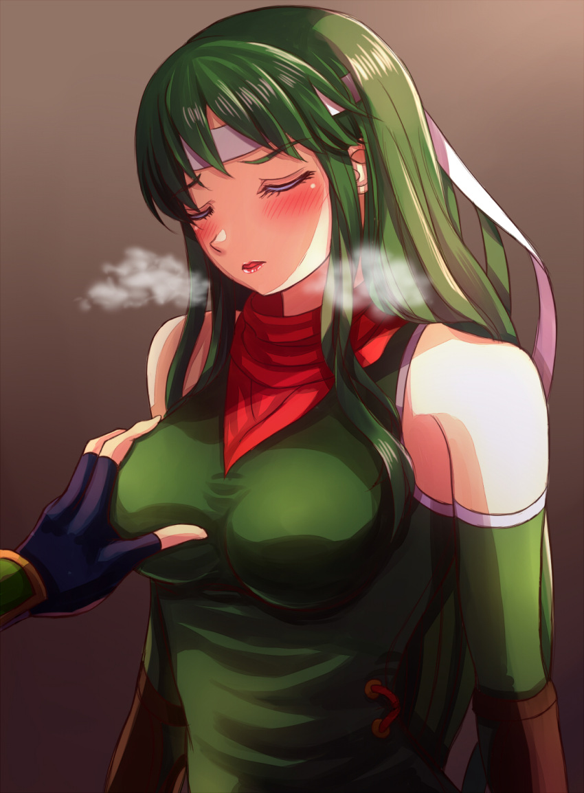 1girls abel_(fire_emblem) blush breast_grab breasts closed_eyes female female_focus fingerless_gloves fire_emblem fire_emblem:_mystery_of_the_emblem fire_emblem:_shadow_dragon_and_the_blade_of_light gloves grabbing green_eyes green_hair groping headband heavy_breathing highres long_hair nintendo open_mouth palla_(fire_emblem) red_scarf scarf shoulders solo_focus yozu_(yozu0420)