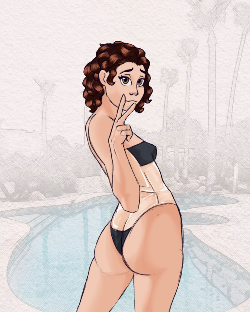 ass ass_cleavage ass_focus bare_arms bare_legs bare_shoulders bare_thighs brown_hair butt_crack cleavage female female_only fit_female gris_swimsuit hazel_eyes nipple_bulge peace_sign pool poolside pose posing swimsuit translucent translucent_clothing transparent_clothing wardopo wavy_hair