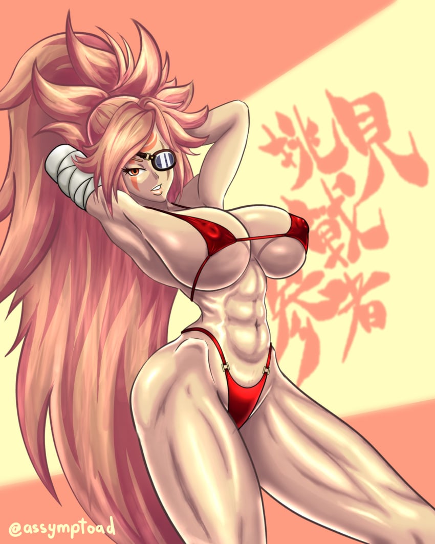 abs absurdres amputee arms_up assymptoad baiken bandaged_arm bandages bikini breasts cleavage curvy eyepatch facial_tattoo female guilty_gear guilty_gear_strive guilty_gear_xrd highleg highres huge_breasts large_breasts lips long_hair muscular muscular_female pink_hair red_bikini red_eyes scar scar_across_eye scar_on_face signature swimsuit tattoo thick_thighs thighs thong thong_bikini toned toned_female underboob wide_hips