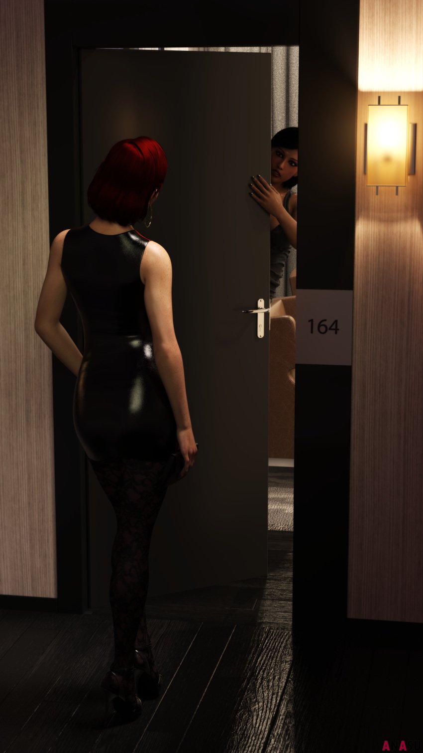 2girls 3d 3d_(artwork) anasulewds brown_hair cheating commander_shepard dark-skinned_female door dress earrings femshep freckles hallway heels hidden_sex high_heels highres hotel lamp mass_effect mass_effect_3 pale-skinned_female pantyhose purse red_hair samantha_traynor signature