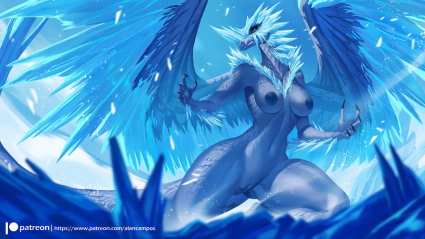 1girls 5_fingers alanscampos anthro areolae artist_name blue_eyes blue_scales blue_skin blurry_foreground breasts capcom claws cropped_legs crystals digital_media_(artwork) dragon dragoness elder_dragon facing_viewer female female_focus female_only fingers genitals hi_res horn ice ice_wings large_areolae legs_apart long_neck looking_to_the_side mammal mane monster_hunter naked nintendo nipples nude patreon_username pussy scales scalie scaly_tail snout solo spread_wings standing tagme tail text thick_thighs thighs url velkhana video_games wings