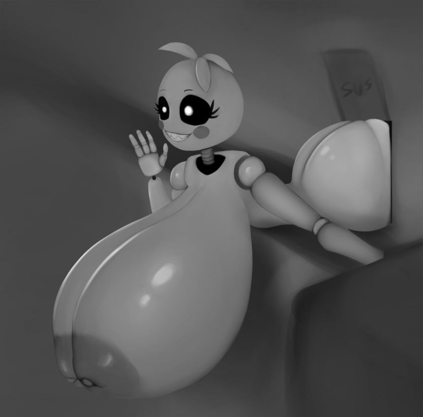 animatronic breast_focus chicken ebolaa333 five_nights_at_freddy's five_nights_at_freddy's_2 gynoid hourglass_figure huge_ass huge_breasts hyper_breasts inverted_nipples monochrome robot solo stuck stuck_in_vent sus text toy_chica_(fnaf) vent