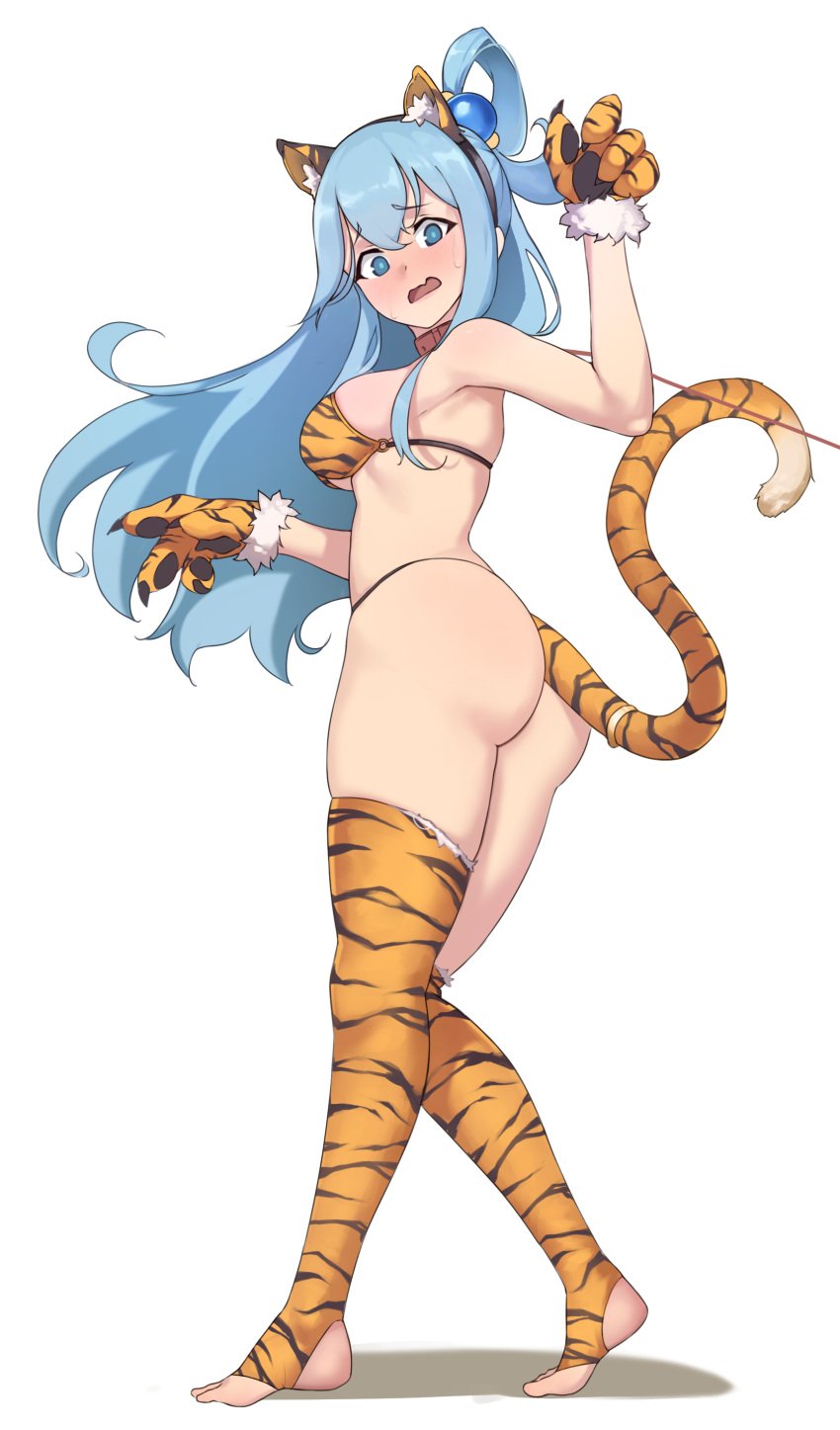 1girls aqua_(konosuba) ass blue_eyes blue_hair blush breasts collar female gloves kono_subarashii_sekai_ni_shukufuku_wo! long_hair solo tail thighhighs thighs thong tiger_paws tiger_print tiger_tail todding toeless_legwear year_of_the_tiger