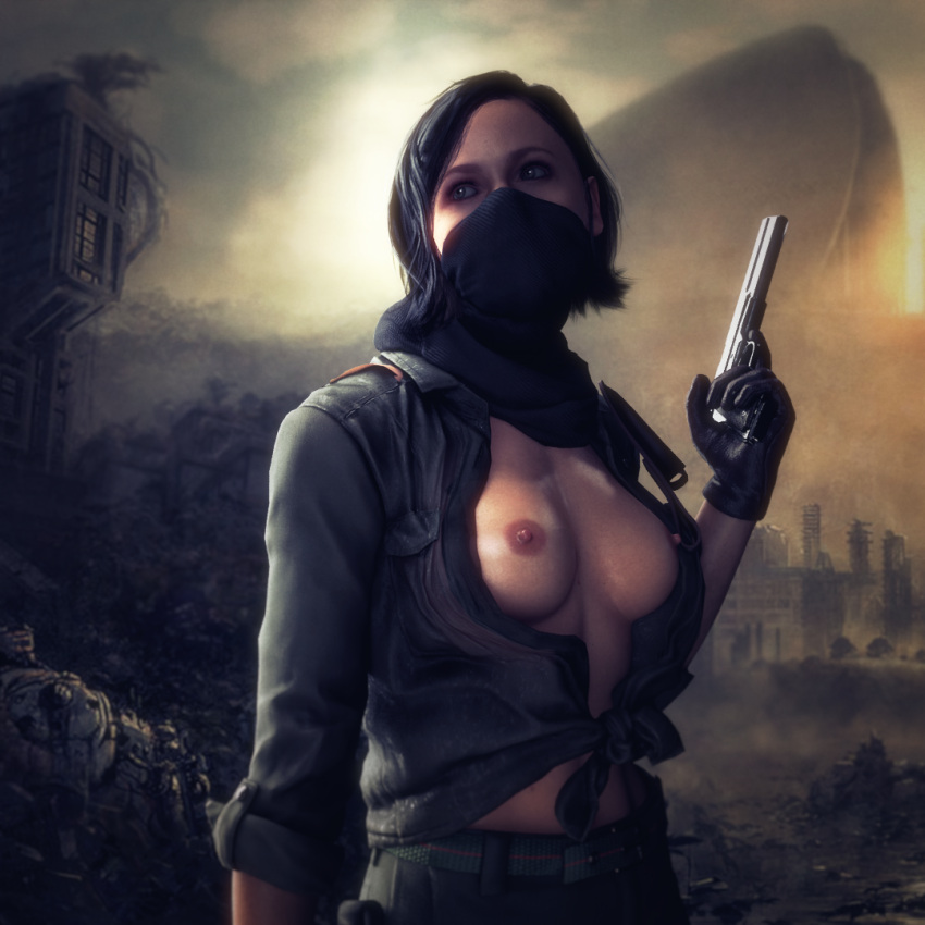 1girls 3d areolae blender breasts breasts_out call_of_duty call_of_duty_black_ops_cold_war female flickytuts gloves gun helen_park_(cod) looking_away mask navel shirt solo tagme warzone