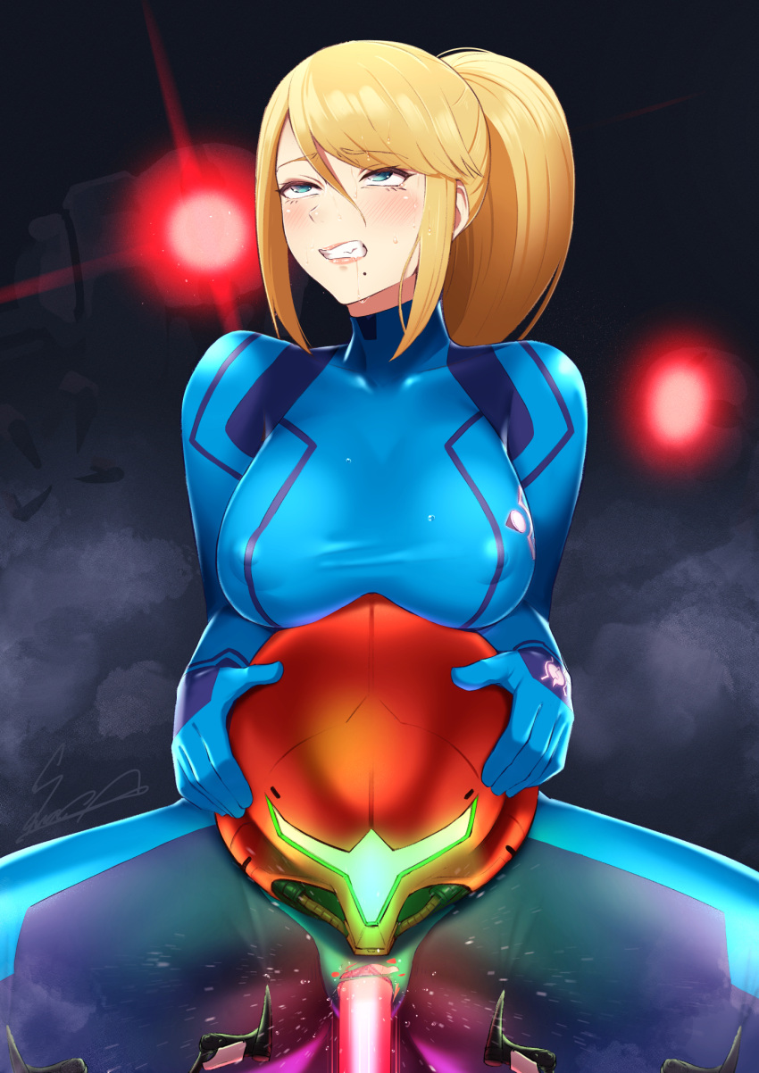 armor bangs blonde_hair blue_bodysuit blue_eyes blush bodysuit breasts censored claws clenched_teeth commentary covered_nipples dark_background drooling e.m.m.i eyebrows_visible_through_hair female furrowed_brow glowing glowing_eye glowing_headgear hair_between_eyes headwear_removed helmet helmet_removed helmet_with_visor highres holding holding_helmet human_penetrated lips lipstick long_hair makeup medium_breasts metroid metroid_dread mole mole_under_mouth mosaic_censoring motion_lines nintendo object_insertion ponytail pussy pussy_juice red_lips robot robot_on_human robot_penis rolling_eyes saliva samus_aran sawasa sex_machine sidelocks signature skin_tight solo_focus spread_legs sweatdrop swept_bangs teeth thick_thighs thighs torn_bodysuit torn_clothes vaginal_object_insertion vaginal_penetration varia_suit_helmet zero_suit zero_suit_samus