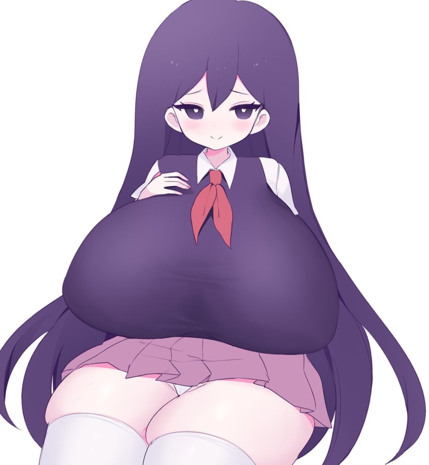 1girls areola_bulge big_breasts blush breasts clarevoir clothing cute female female_focus female_only fully_clothed hand_on_breasts huge_breasts mari_(omori) massive_breasts mob_face omori panties pantyshot_(sitting) purple_hair sitting skirt smile solo thick_thighs thighhighs