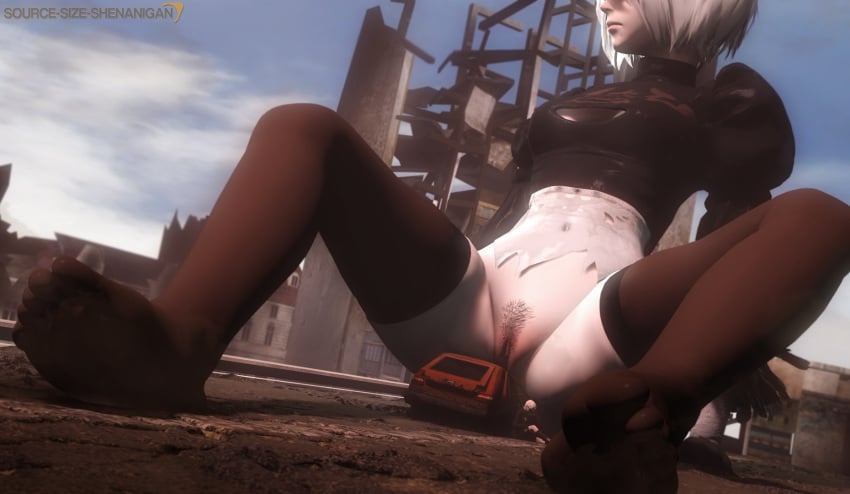 1boy 1girls 3d bottomless breasts clothing female giantess hair light-skinned_female light-skinned_male light_skin macro male nier nier:_automata no_shoes pussy ripped_clothing sitting size_difference smaller_male sourcesizeshenanigans thighhighs torn_clothes vagina white_hair yorha_2b yorha_9s