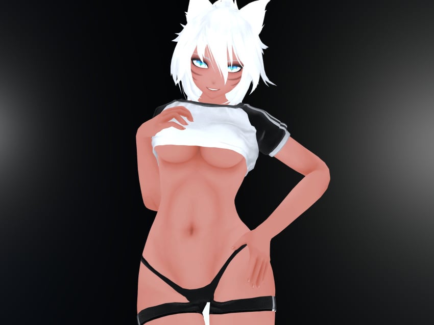 1girls absurd_res blue_eyes cameltoe cleavage crop_top dark-skinned_female dark_skin panties slit_pupils smug solo solo_female solo_focus t-back_spats tan_skin thamriyell underboob virtual_youtuber vrchat vrchat_avatar white_hair