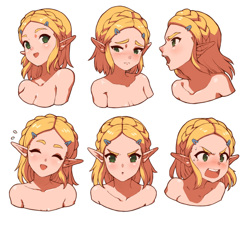 angry babus_games blonde_hair blush breath_of_the_wild expression_sheet expressions green_eyes happy hylian hylian_ears nintendo nude pointy_ears pout princess_zelda sad short_hair smile sweat tears_of_the_kingdom the_legend_of_zelda upper_body zelda_(tears_of_the_kingdom)