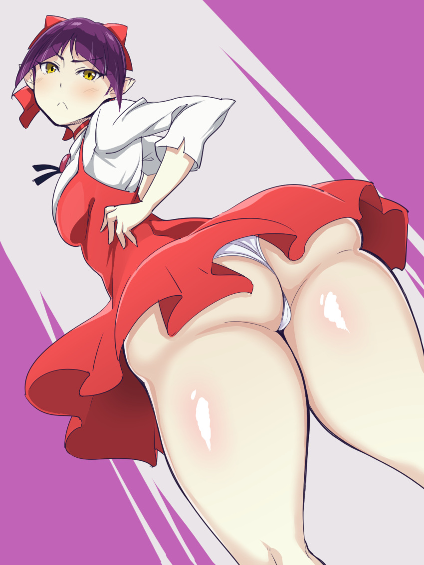 ass blush bow breasts cat_girl dress female from_behind from_below gegege_no_kitarou highres humanoid nekomusume panties pointed_ears purple_hair red_bow red_dress short_dress short_hair skirt sumemako thighs underwear upskirt white_panties yellow_eyes youkai