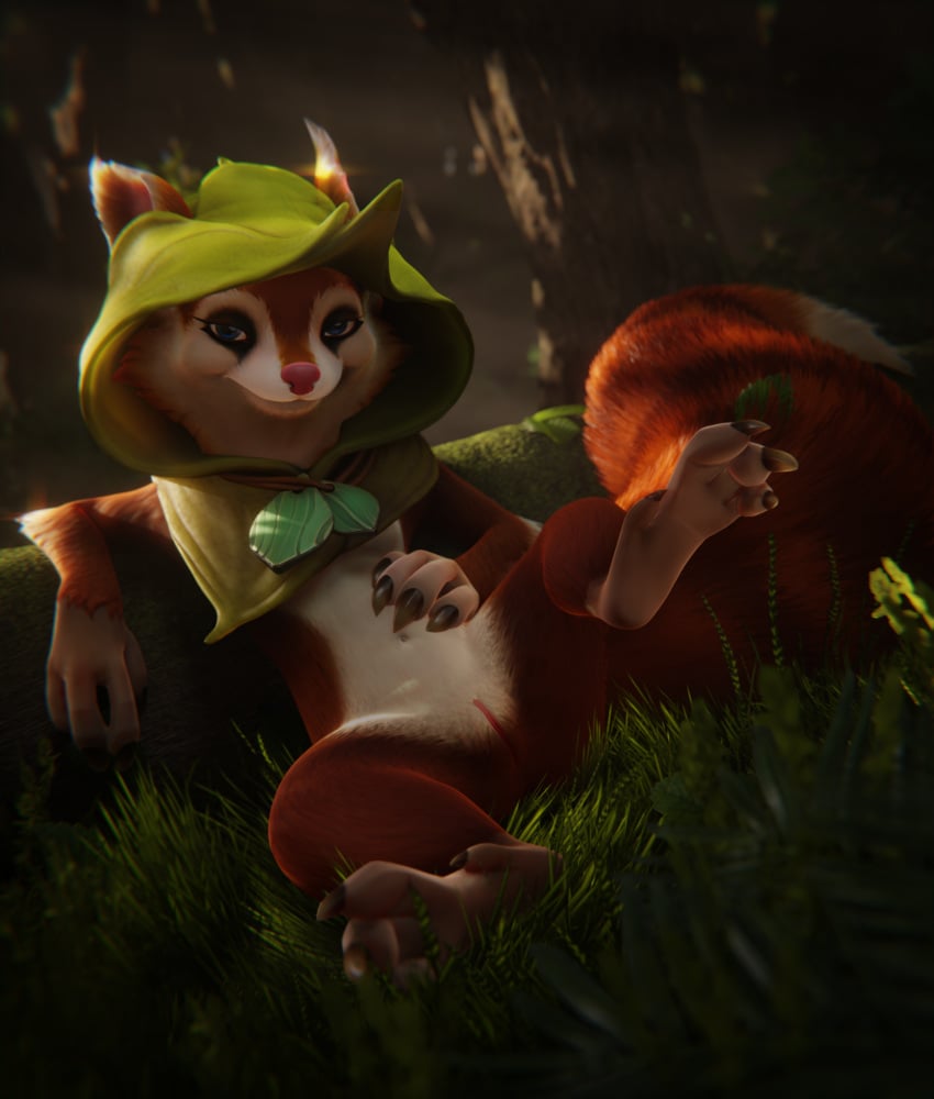 3d anthro cape clothing dota dota_2 feet female forest fur genitals hi_res hood hoodwink_(dota) mammal outside paws plant red_body red_fur rodent sciurid smug solo tail_tuft toes tree tree_squirrel tuft video_games vlad-lox white_body