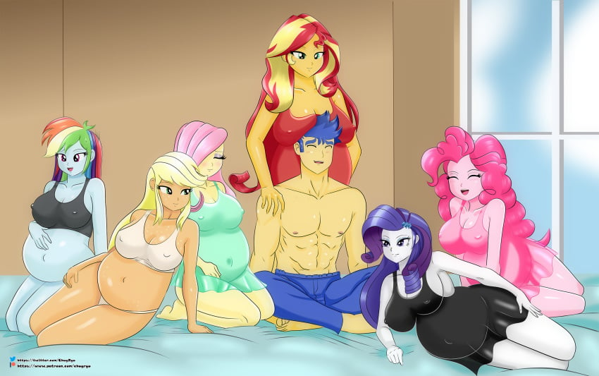 1boy 6girls abs applejack_(eg) applejack_(mlp) big_breasts blonde_hair blue_hair breasts chuyryu equestria_girls erect_nipples flash_sentry fluttershy_(eg) fluttershy_(mlp) friendship_is_magic harem harem_girl hasbro kneeling large_breasts long_hair male multicolored_hair multiple_girls multiple_pregnancies muscular_male my_little_pony nightgown pink_hair pinkie_pie_(eg) pinkie_pie_(mlp) pregnant purple_hair rainbow_dash_(eg) rainbow_dash_(mlp) rainbow_hair rarity_(eg) rarity_(mlp) red_hair sunset_shimmer topless_male underwear voluptuous