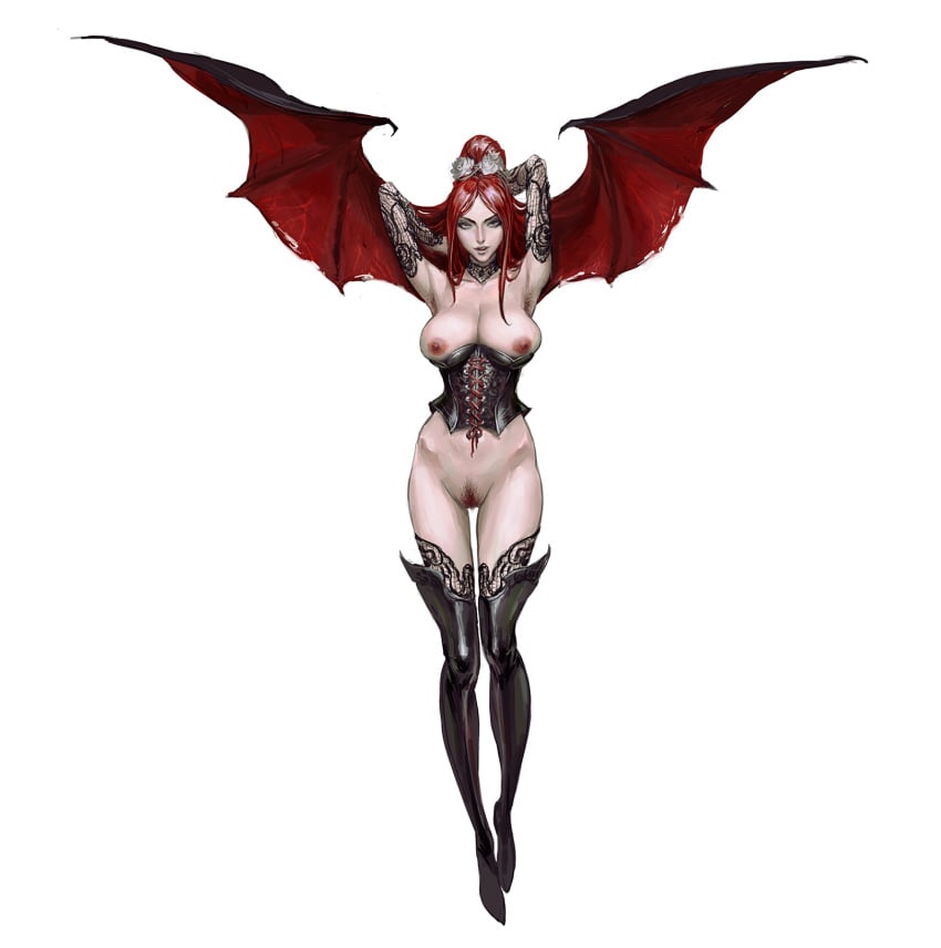 areolae armpit_hair bat_wings boots bottomless breasts castlevania castlevania:_symphony_of_the_night corset demon demon_girl demoness exposed_breasts going_commando hair_bun knees_together large_breasts leather_boots leather_corset mostly_nude nipples nude_female portrait practically_nude pubic_hair pussy red_hair seductive_look seductive_pose solo_female solo_focus succubus succubus_(castlevania) succubus_costume thick_thighs thighs vagina