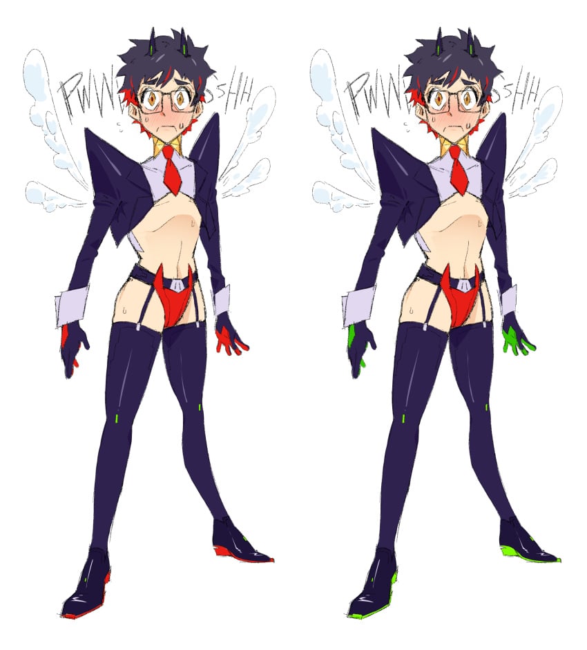 1boy black_hair blush brian_pasternack cosplay garter_straps glasses gloves high_heels kill_la_kill looking_at_viewer male male_focus male_only matoi_ryuuko matoi_ryuuko_(cosplay) navel orange_eyes revealing_clothes senketsu senketsu_(cosplay) smoke sweat yuppie_psycho