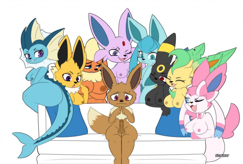 1boy 6+girls 8girls anthro ass black_body black_nose blue_body blue_eyes breasts brown_body cheek_tuft dipstick_tail eevee eeveelution espeon facial_tuft female flareon fluffy fluffy_tail frill_(anatomy) furniture genitals glaceon group humanoid_genitalia i_am_kat95 jolteon leafeon male mammal markings multiple_females multiple_girls neck_tuft nervous nintendo penis pillow pink_body pink_tongue pokémorph pokemon pokemon_(species) purple_body purple_eyes red_body red_eyes simple_background sofa sylveon tail_markings tan_body tongue tuft umbreon vaporeon video_games white_background white_body yellow_body