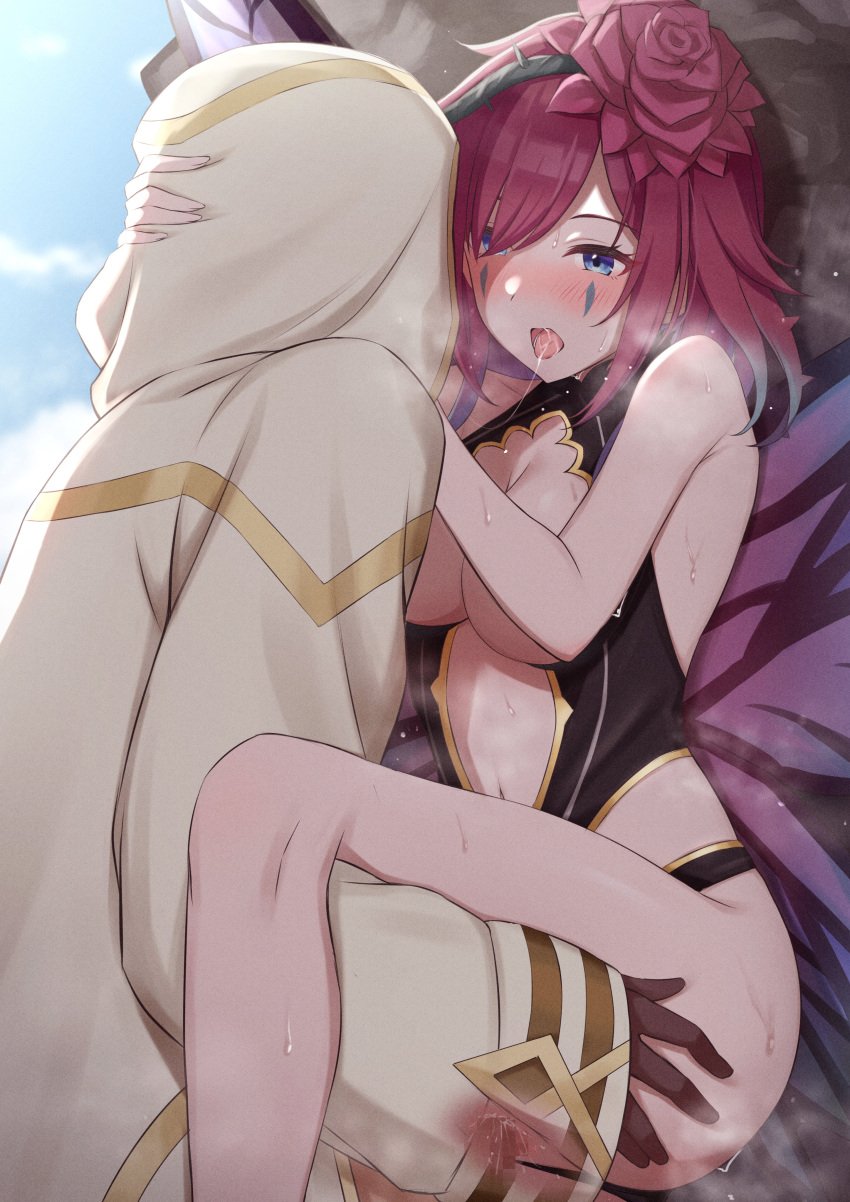 1boy 1girls after_kiss ass_grab bare_legs blue_eyes blush breasts breasts_out censored cleavage cloak clothed_sex covering fairy fairy_wings fire_emblem fire_emblem_heroes flower hair_flower hair_ornament hair_over_one_eye heavy_breathing hetero highres kiran_(fire_emblem) kiran_(fire_emblem)_(male) kiss kissing large_breasts leg_up leotard looking_at_another medium_breasts medium_hair navel ninja nintendo open_mouth panna444 pink_hair purple_hair rose saliva saliva_string saliva_trail see-through sex short_hair solo_focus standing standing_sex sweat triandra_(fire_emblem) vaginal_penetration violet_hair x-ray