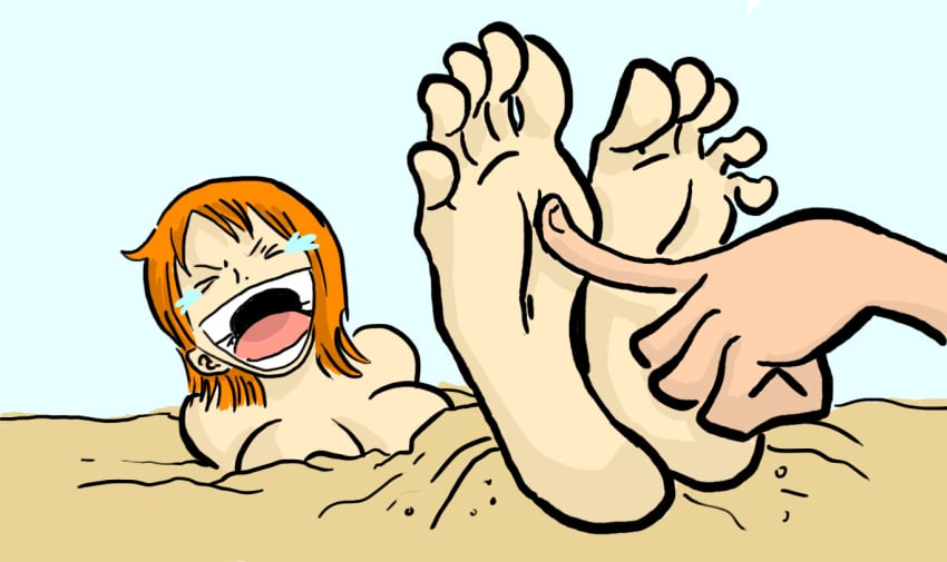 animated beach buried crying everydaycomix feet female foot_fetish male monkey_d_luffy nami one_piece pre-timeskip tears tickling tickling_feet