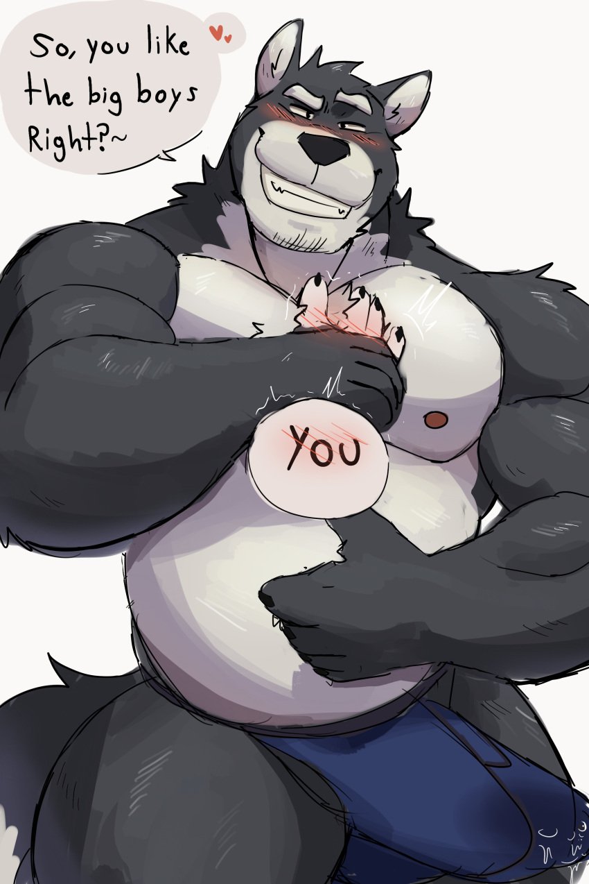 2022 absurd_res anthro barazoku belly big_belly big_bulge big_muscles blush bodily_fluids bulge canid canine canis clothed clothing dialogue disembodied_hand english_text erection erection_under_clothing eyebrows fur genital_fluids hand_on_chest heart hi_res leaking_precum looking_at_viewer male male_only mammal musclegut muscular muscular_anthro muscular_male narrowed_eyes nipples overweight overweight_anthro overweight_male pecs precum precum_through_clothing precum_through_underwear raised_eyebrow simple_background smile solo standing talking_to_viewer teeth tenting text thick_thighs thong topless topless_anthro topless_male tuft underwear vitashi wet wet_clothing white_background wolf wrist_grab