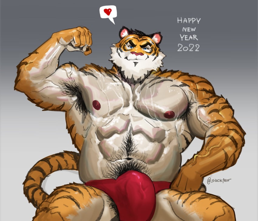 2022 abs anthro armpit_hair barazoku biceps big_bulge big_muscles bodily_fluids body_hair bulge clothing dialogue_box english_text eyebrows felid flexing fur gradient_background grey_background hair hand_on_hip happy_trail heart hi_res holidays huge_muscles looking_at_viewer male male_only mammal muscular muscular_anthro muscular_male navel new_year nipples number obliques pantherine pecs pictographics pubes simple_background sitting smile smirk solo solo_male suck-nis sweat text thong tiger tuft underwear url vein veiny_muscles