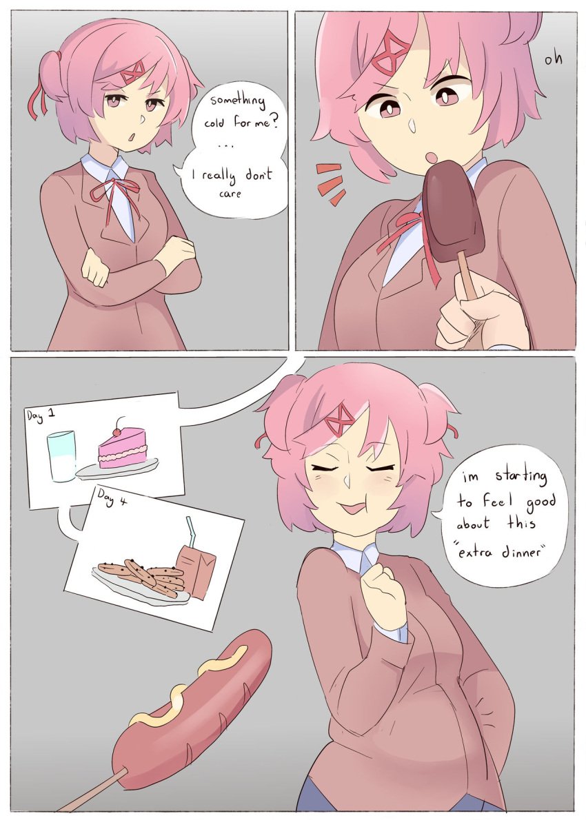 1girls blue_skirt breast_expansion clothed clothing comic dialogue doki_doki_literature_club eating female happy napolitane natsuki_(doki_doki_literature_club) offscreen_character overweight overweight_female pink_eyes pink_hair ribbon school_uniform short_hair skirt slightly_chubby smile text weight_gain