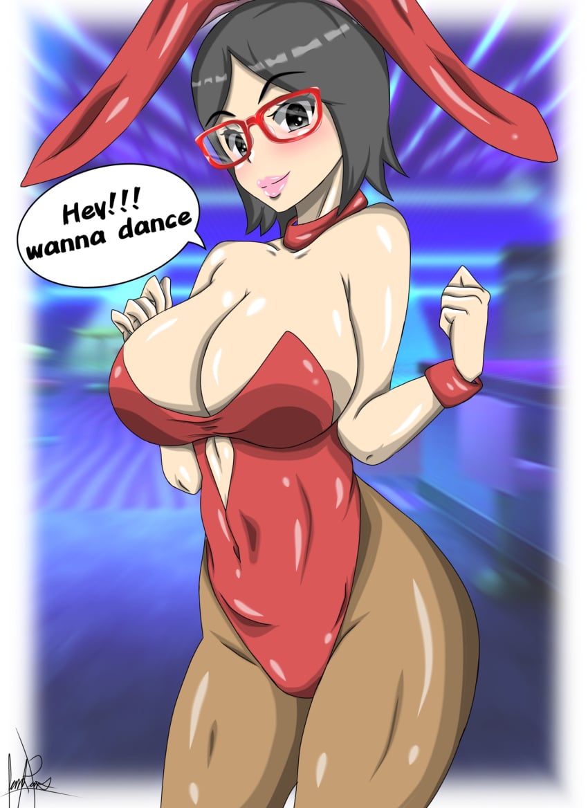 1girls bare_shoulders belly_button big_breasts bimbo black_eyes black_hair blush boruto:_naruto_next_generations bracelet bunny_ears bunny_girl bunnysuit busty choker cleavage clothed clothing curvaceous curvy curvy_figure cute dialogue dilane93 english_text female female_focus female_only fully_clothed glasses large_breasts legwear light-skinned_female light_skin lingerie lips lipstick makeup naruto naruto_(series) pantyhose perky_breasts pink_lips pink_lipstick pinup pose posing revealing_clothes sarada_uchiha short_hair shounen_jump sideboob skimpy skimpy_clothes solo solo_female solo_focus speech_bubble standing text thick_thighs thighs tight_clothing tights voluptuous wide_hips