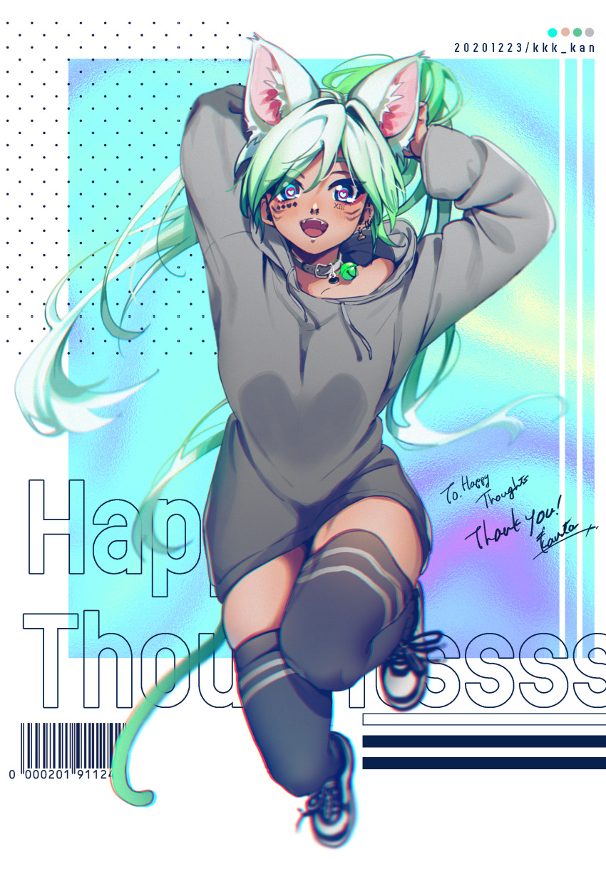 animal_ears collar dark-skinned_female green_hair happythoughts heart-shaped_pupils hoodie tail tan thighhighs thighs