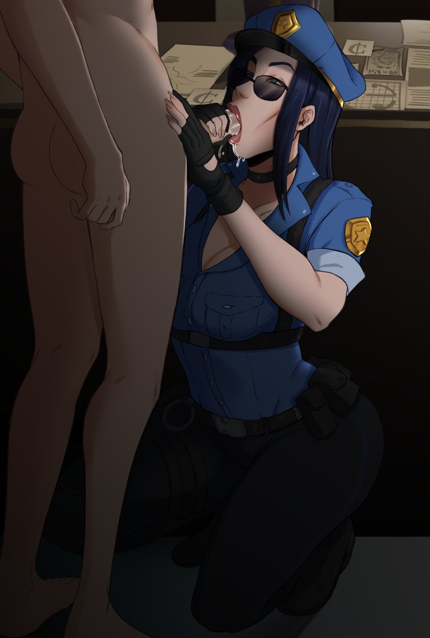 1boy 1girls alternate_costume blowjob caitlyn_kiramman choker cock_worship cops_and_robbers_series eye_contact ezreal fellatio handjob league_of_legends light_skin officer_caitlyn oral partial_male pepprnsalt police police_uniform riot_games sunglasses the_grind_series tinted_eyewear