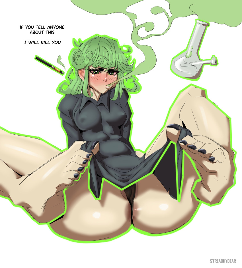 1girls black_toenails bong drugged feet feet_focus green_hair lifting_skirt nipples_visible_through_clothing one-punch_man short_hair smoking solo streachybear tatsumaki text weed