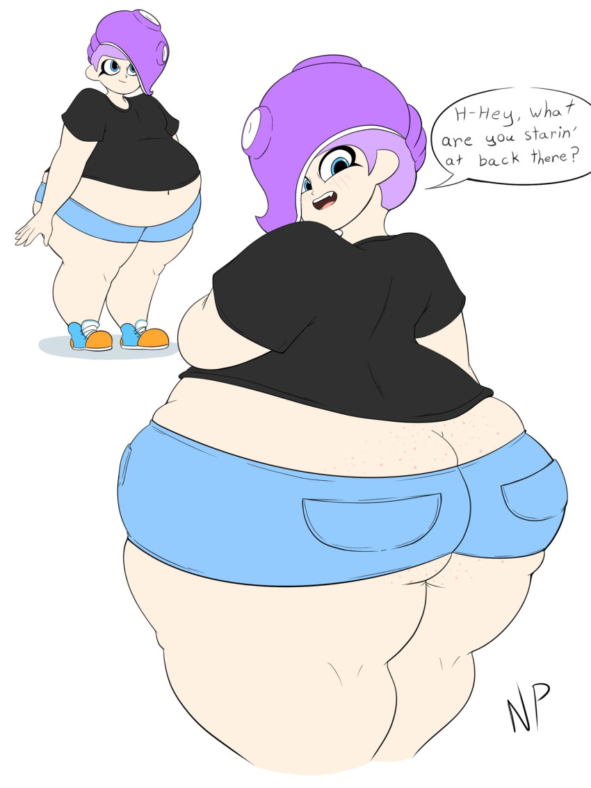 ass_cleavage big_ass blue_eyes blush butt_crack chubby clothed dialogue dylan(nataliebum25) fat femboy freckles girly jean_shorts looking_at_viewer looking_back male nataliebum25 nintendo obese octoling octoling_boy purple_hair smile speech_bubble splatoon splatoon_2