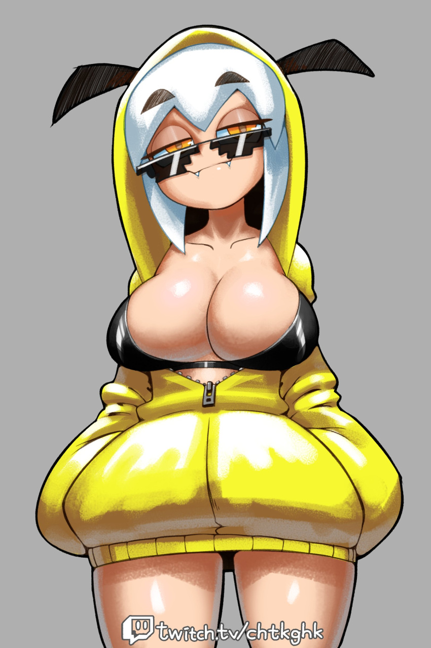 1girls 2022 absurd_res artist_name black_bra bra breasts breasts_out cleavage coat deal_with_it eyebrows_visible_through_hair fall_galoomba fangs female female_only galoomba goomba goomba_girl grey_background half-closed_eyes hands_in_pockets highres hoodie large_breasts looking_at_viewer looking_over_eyewear looking_over_glasses looking_over_sunglasses mario_(series) minus8 nintendo short_hair simple_background smile solo standing sunglasses super_mario_world thick_thighs thighs tinted_eyewear underwear url watermark white_hair winter_coat yellow_coat yellow_eyes