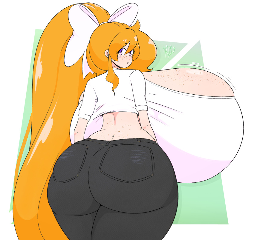 cassie_(theycallhimcake) dullahan freckles huge_ass huge_breasts hyper hyper_breasts jeans long_hair looking_at_viewer orange_hair ponytail purple_eyes ribbon riley_moore_(artist) thick_thighs tight_clothing