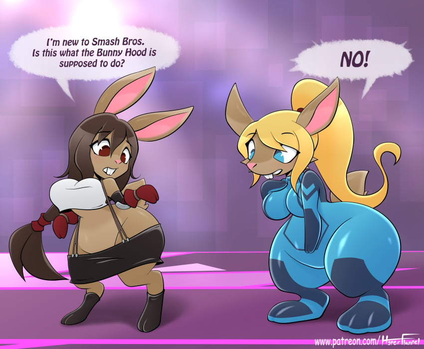 anthro big_breasts big_breasts bunny bunny_ears bunny_girl bunny_tail crossover final_destination final_fantasy final_fantasy_vii furry hourglass_figure hyperflannel jumpsuit metroid midriff nintendo rabbit rabbit_ears rabbit_girl rabbit_tail samus_aran square_enix super_smash_bros. thick_thighs tifa_lockhart transformation wide_hips