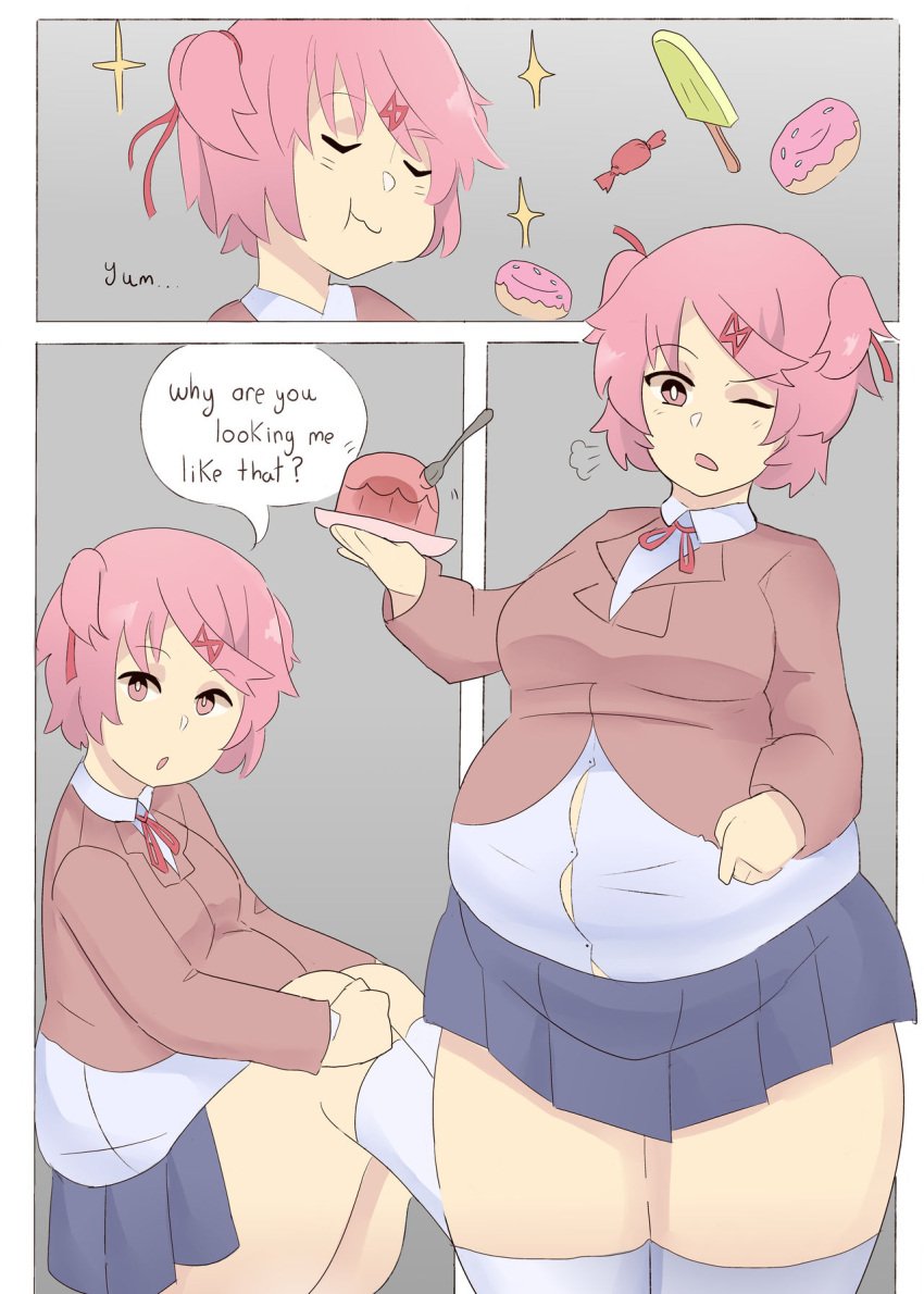 1girls blue_skirt chubby clothed clothing comic dialogue doki_doki_literature_club eating fat female happy napolitane natsuki_(doki_doki_literature_club) offscreen_character overweight overweight_female pink_eyes pink_hair plump ribbon school_uniform short_hair skirt smile text thick_thighs tight_clothing wardrobe_malfunction weight_gain