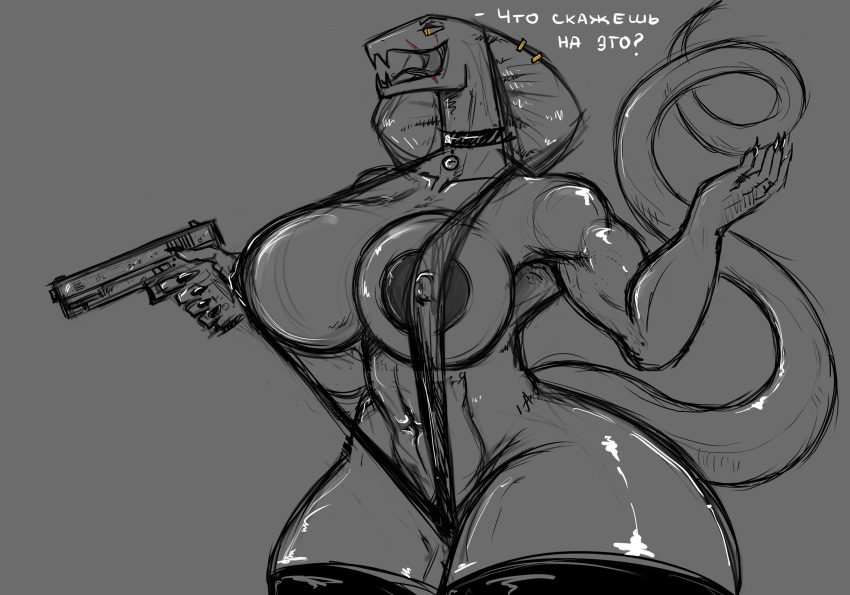 anthro areola big_breasts bikini boysa_228 breasts clothing cobra female furgonomics gun hi_res holding_gun holding_object holding_weapon ranged_weapon reptile scalie sling_bikini snake solo swimwear thick_thighs translation_request weapon