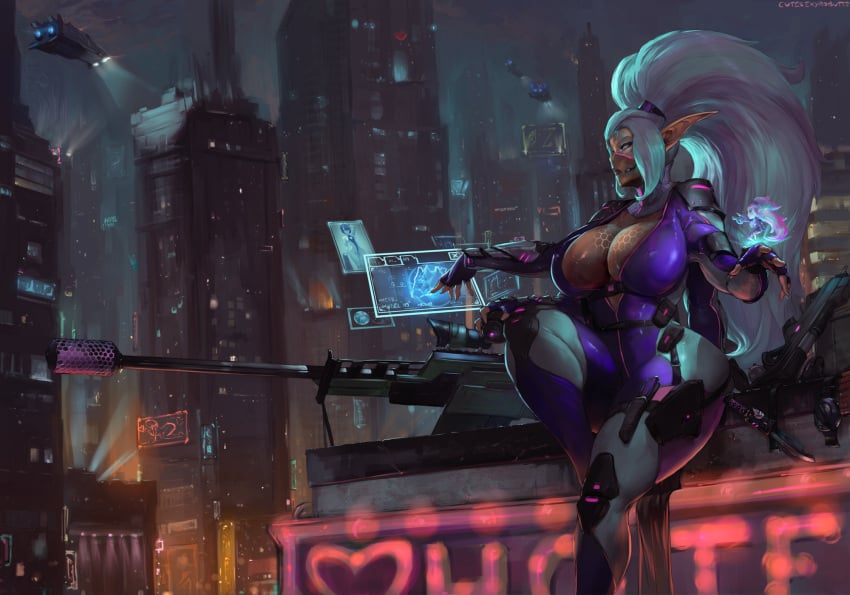 1girls 4_arms big_lips bodysuit breasts city cityscape cleavage cutesexyrobutts dark_skin female female_only gun hologram holographic_interface huge_breasts kira_pewpew multi_arm multi_limb neon neon_lights pointy_ears shadowrun silver_hair sitting sniper_rifle solo thick_thighs veil