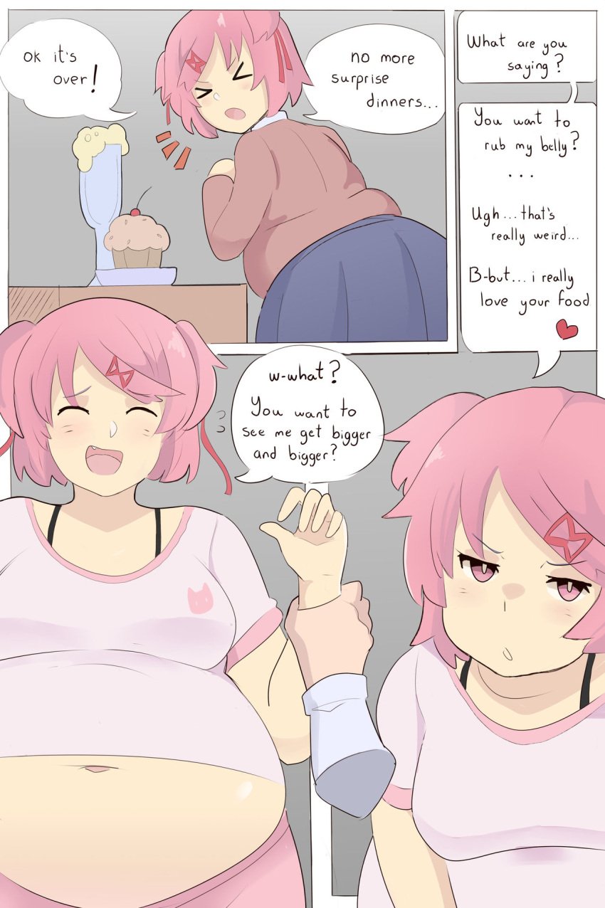 1girls blue_skirt blush casual chubby clothed clothing comic dialogue disembodied_hand doki_doki_literature_club embarrassed fat female happy napolitane natsuki_(doki_doki_literature_club) navel offscreen_character overweight overweight_female pink_eyes pink_hair plump ribbon school_uniform shirt short_hair skirt smile text tight_clothing weight_gain