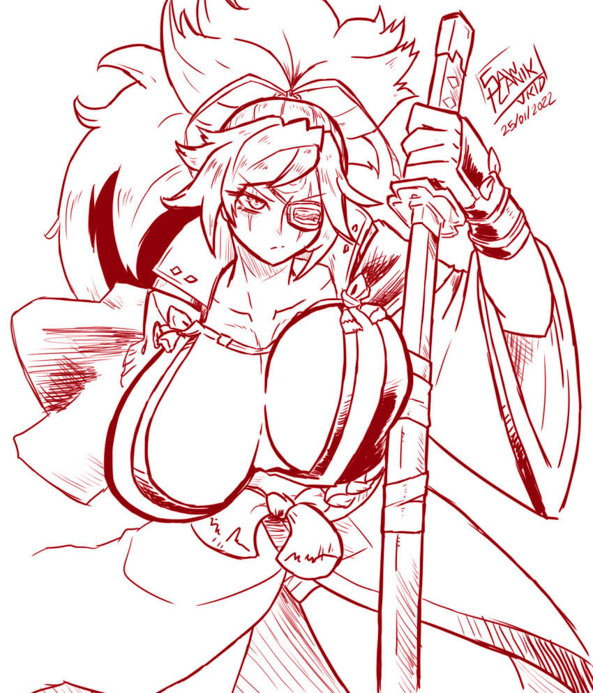 1girls baiken big_breasts cleavage eye_patch female female_only guilty_gear guilty_gear_strive guilty_gear_xrd huge_breasts japanese_clothes katana sketch solo vkid