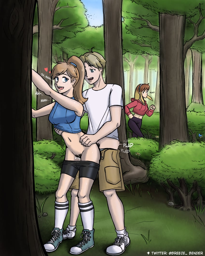 1boy 2022 2girls angela_(doodlepoodle) angela_palmer bike_shorts bike_shorts_pull bird blonde_hair blue_eyes borrowed_character bottomwear bottomwear_down bottomwear_pull breezebender brown_hair bush butterfly cargo_shorts caught caught_in_the_act clothed_sex compression_shorts couple crop_top dirty_blonde_hair female_pubic_hair flower forest forest_background from_behind grass hairband hand_on_hip heart high_ponytail hoodie jogging juice leggings long_hair looking_at_another looking_back looking_pleasured luccia_(breezebender) male_penetrating male_penetrating_female mark_(doodlepoodle) midriff moan moaning moaning_in_pleasure multicolored_hair no_panties_under_spats outdoor outdoor_sex outdoors outside pants pants_down penetration pleasure_face ponytail pubic_hair public_sex pussy_juice running sex sex_from_behind shirt shirt_lift shorts sneakers socks sound_effects spats steam striped_legwear sweat t-shirt thrusting tree trees two_tone_hair yellow_eyes yoga_pants