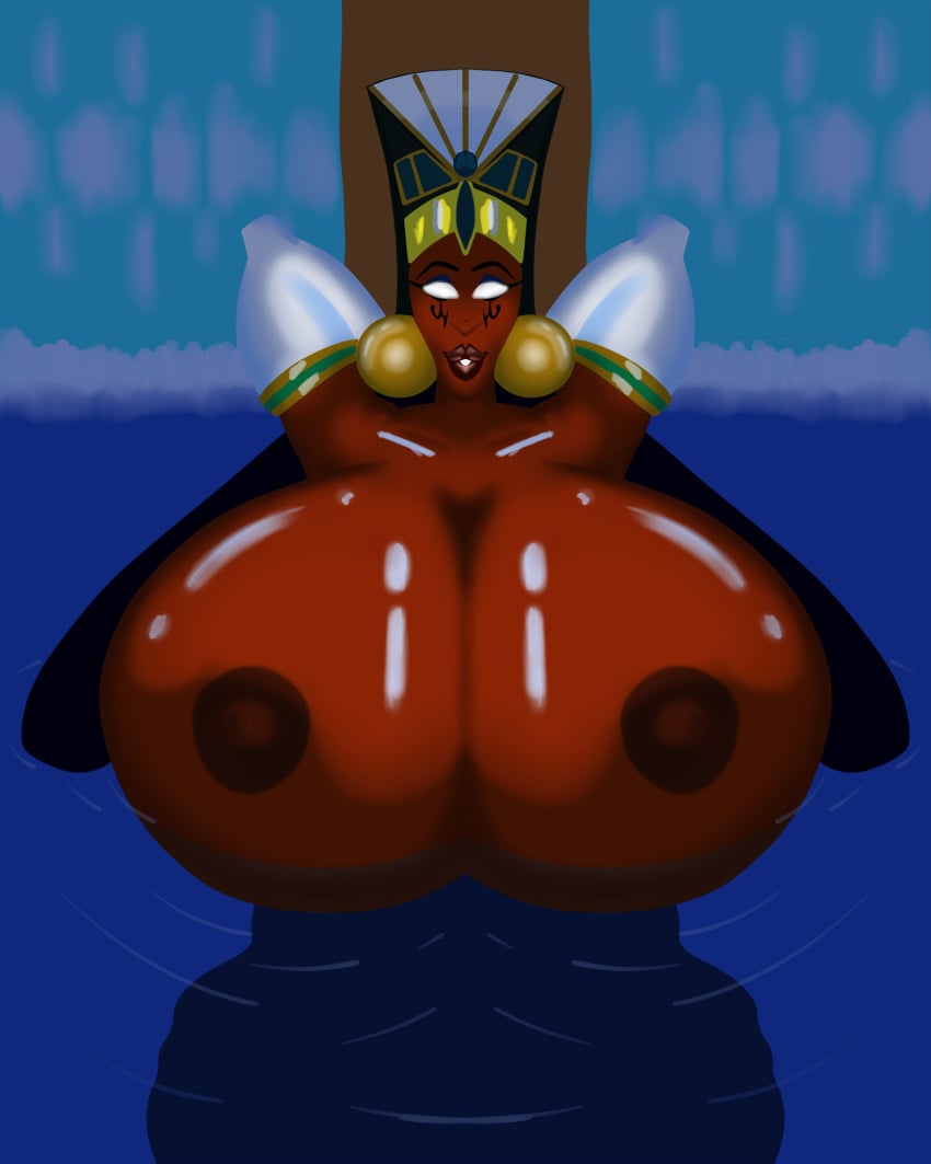 ankh big_breasts bimbo blue_hair blue_lipstick blue_makeup breast_squish breasts_out dark_skin earrings egypt egyptian egyptian_headdress female hands_behind_head headress lips mrblack1986 newdity queen_titahatenamun_ebonee tale_of_ebonee tan-skinned_female tan_skin yellow_eyes