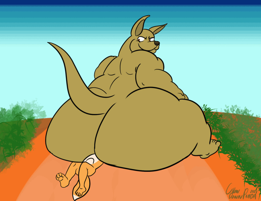 animated anthro ass bigshadypanda bigshadypanda_(artist) brown_body bullying canid canine canis chowdownpanda chowdownpanda_(artist) dingo duo facesitting feral kangaroo macropod male mammal marsupial nude outback