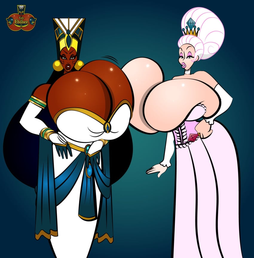 2girls corset dark-skinned_female dress egypt egyptian gigantic_breasts hexamous hyper_breasts newdity queen queen_melona queen_titahatenamun_ebonee royalty tale_of_ebonee