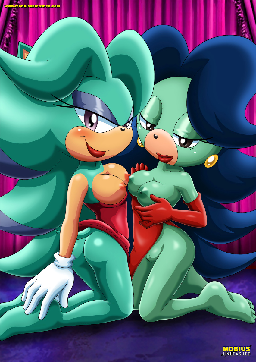 1:sqrt2 2girls 5_fingers 5_toes adventures_of_sonic_the_hedgehog anthro archie_comics armwear ass bbmbbf big_breasts breasts breezie_the_hedgehog breezie_the_hedgehog_(archie) brown_eyes digital_media_(artwork) earrings eulipotyphlan eyeshadow feet female female_focus female_only furry gloves grabbing_own_breast green_body green_fur green_hair handwear hedgehog jewelry kneeling lipstick looking_at_viewer makeup mascara mobius_unleashed nipples palcomix pink_eyes pussy rubbing_breasts sega sonic_(series) sonic_the_hedgehog_(archie) sonic_the_hedgehog_(comics) tail two_tone_hair